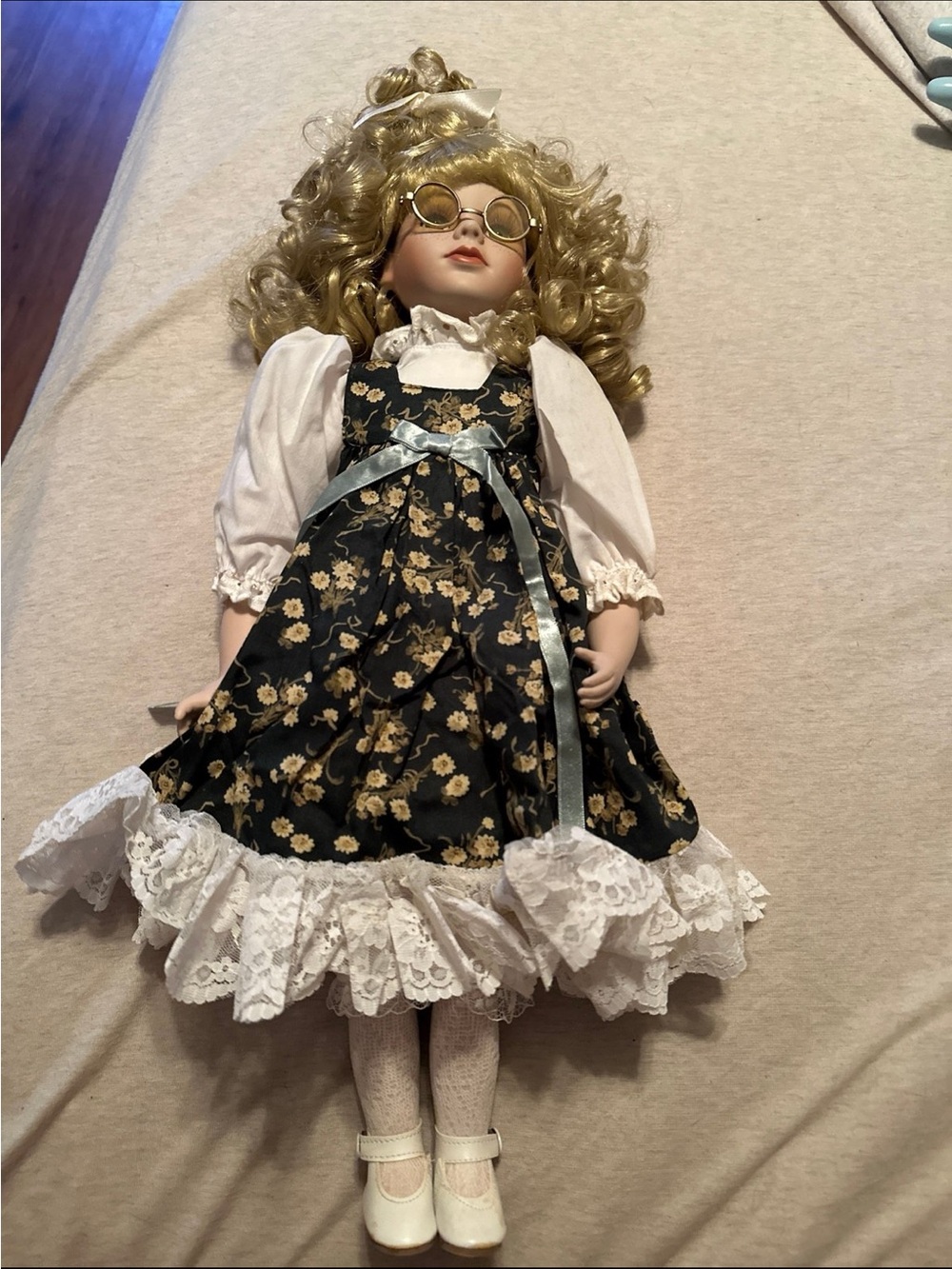 Vintage Porcelain Doll with Blonde Curly Hair